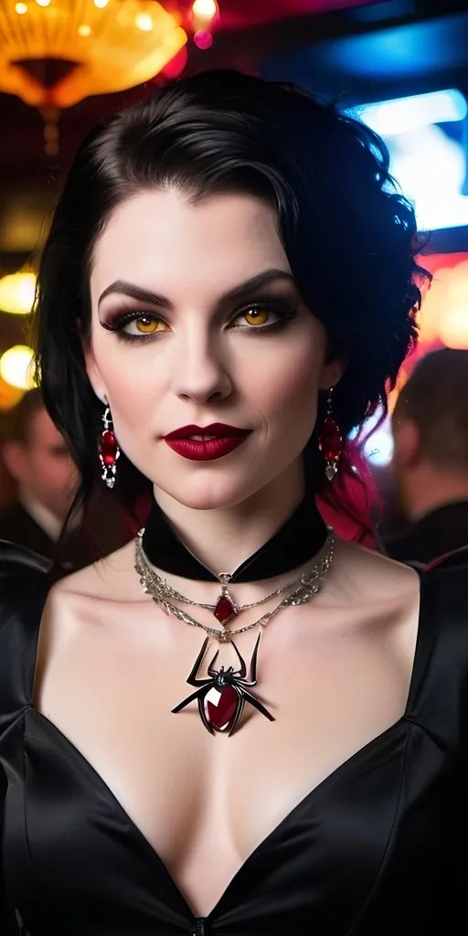 Prompt: Beautiful female vampire, pale white skin, black hair, vibrant yellow eyes, intricate angular face, prominent cheekbones, intense gaze, sinister smile,  opulent figure, white dinner jacket, no blouse, black linen slacks & boots, ((spider necklace with ruby jewel)), red lipstick, standing in a busy crowded nightclub, 8K photo, highres, detailed, gothic, vampiric, intense eyes, sleek design, professional, dramatic lighting