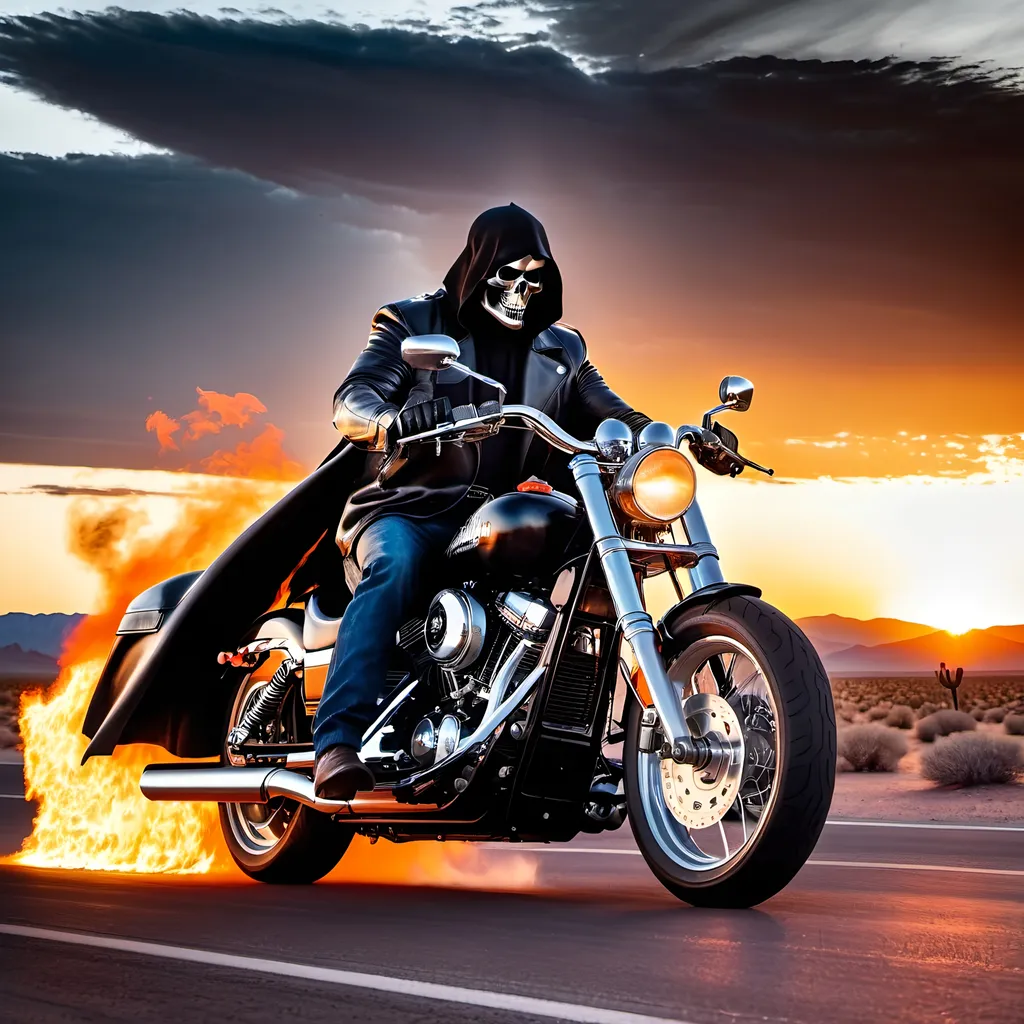 Prompt: The Grim Reaper in a black leather duster, turtleneck sweater, jeans, and boots, riding a silver motorcycle with flaming exhaust, desert highway at sunset, 8k photo, detailed Reaper, dark and ominous, high quality, leather texture, desert landscape, sunset lighting, intense atmosphere, professional, detailed motorcycle, fiery sunset, dark tones