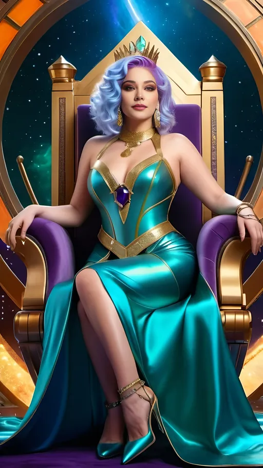 Prompt: Photo of Queen Nebula of Zindar sitting on a golden throne, ((pale skin, orange eyes, blue-green hair)), intricate golden-ratio face, diaphanous purple gown with metal & leather shoulder detail, topaz jewels, demure smile, colorful banners, curvaceous figure, ((Pet snow cat in her lap)), cinematic 8k photo, futuristic sci-fi, regal, detailed features, opulent, vibrant colors, atmospheric lighting, rich textures, royal, realistic, curvy physique, demure expression, ethereal beauty