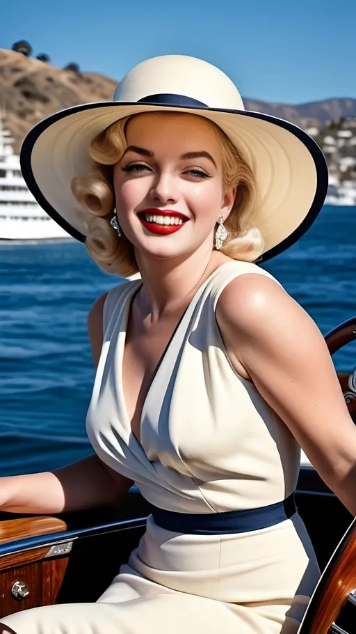 Prompt: Glamorous & curvaceous 1920s Hollywood Actress|Marilyn Monroe on a motor launch at sea, Catalina Island Avalon Harbor in background, porcelain skin, round face, rosy complexion, blue eyes, long windswept blonde hair, smiling, ((elegant scarlet:2.0 dress)), black boots & milliner's hat, 8k photo, realistic, detailed, windswept hair, plump opulent figure, landmark Avalon Harbor California, intricate face, vibrant smile, on a boat at sea, sunny day, luxurious motor launch, publicity style photo