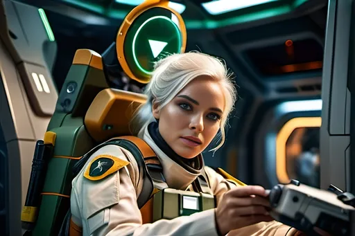 Prompt: Photorealistic image of a beautiful, 25-year-old combat medic with white hair and green eyes treating a wounded space trooper in an orange and yellow uniform, 8k photo, futuristic, sci-fi, military, cinematic, intricate facial features, detailed medical equipment, realistic textures, lifelike expressions, professional lighting, high quality, photorealism, intense atmosphere, detailed eyes, cinematic composition, futuristic technology, atmospheric lighting, realistic skin tones, intricate details