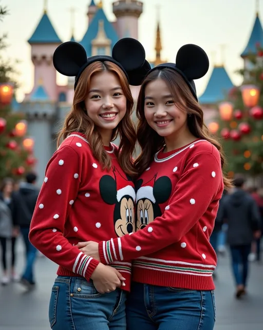 Prompt: photorealistic, (adorably cute teen Asian-American sisters age 15-17) posing for a Christmas portrait, chestnut-auburn hair, (whimsical Christmas sweaters & jeans),, Mickey Mouse hats emphasize (plump round bosomy thick physique), Disneyland Castle decorated for the holidays, warm happy vibe, high detail & quality, (high detailed faces), 8k, pro photography, pro lighting, ultra-detailed environment with festive decorations, comfortable ambiance, joyful expressions.