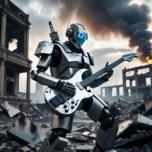 Prompt: Futuristic robot playing electric guitar in desolate post-apocalyptic wasteland, broken buildings, rubble, burned out cars, fires smoke, overcast sky, 8k photo, high detail, futuristic, post-apocalyptic, desolate, electric guitar, robot, broken structures, rubble, smoke, overcast sky, high tech, intense atmosphere, industrial, gritty, abandoned, detailed, atmospheric lighting