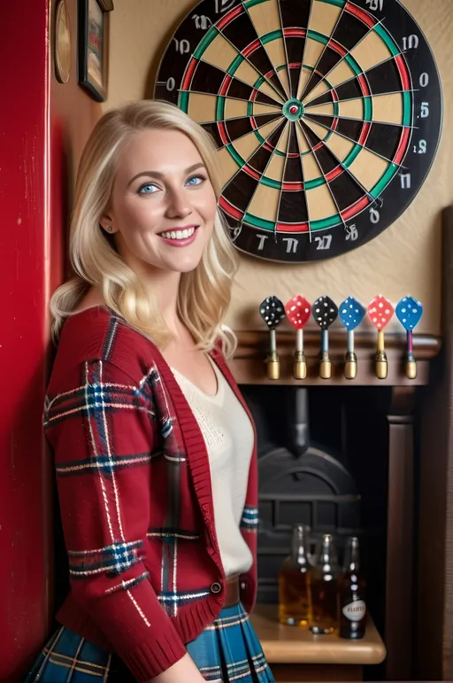 Prompt: beautiful blonde British woman with blue eyes, intricate rectangle face, holding a dart, wearing a tartan plaid sweater and blue tweed skirt and brown leather boots, playing darts in an English Pub, smiling, crowded Pub, 8k photo, realistic