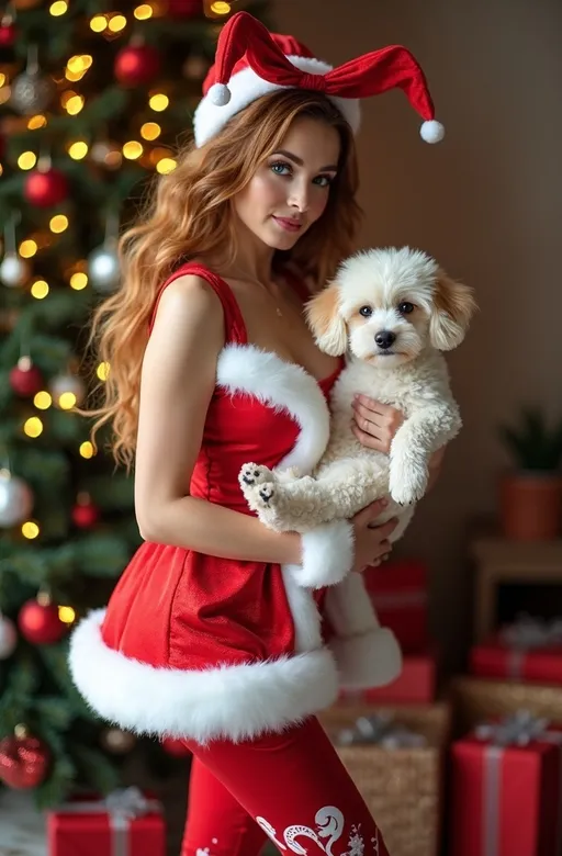 Prompt: Deliciously gorgeous (curvy young woman), dressed in a (vibrant red and white candy cane costume) with fluffy soft white fur trim details, (lush cinnamon-blonde hair) adorned with a (silky red bow), striking (blue eyes), holding an adorable white miniature poodle puppy in her arms, standing next to an (elegantly decorated and illuminated Christmas tree) in a (cozy room), cluster of wrapped presents at her feet, (warm ambiance), soft (festive lighting), ultra-detailed, high-quality, (8k resolution), (professional photography style).