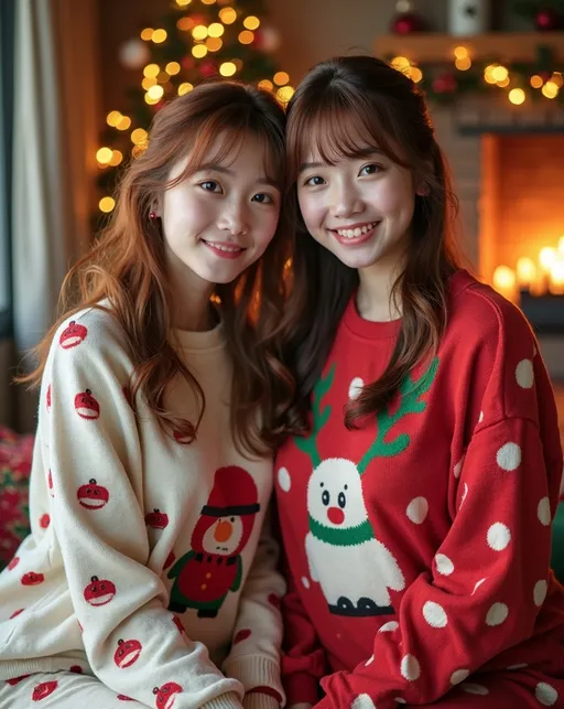 Prompt: photorealistic, (adorably cute teen Japanese sisters age 15-17) posing for a Christmas portrait, chestnut-auburn hair, (whimsical Christmas sweaters & pajama bottoms), emphasize (plump round bosomy thick physique), cozy living room decorated for the holidays, warm happy vibe, high detail & quality, (high detailed faces:2.0), 8k UHD, DSLR photography, soft inviting lighting, film grain texture, nostalgic Fuji-color film ISO 100, ultra-detailed environment with festive decorations, comfortable ambiance.