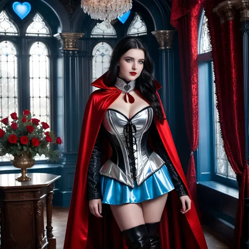 Prompt: Beautiful rubenesque girl, age 18, ((long high collar shiny silver and red lined cloak tied at the neck)), pale skin, long black hair, shy smile, intricate heart shaped face, ice blue eyes, silver corset and short red & black color blocked skirt, black leather boots, detailed background, standing in a regal victorian hall, 8K photo, studio light