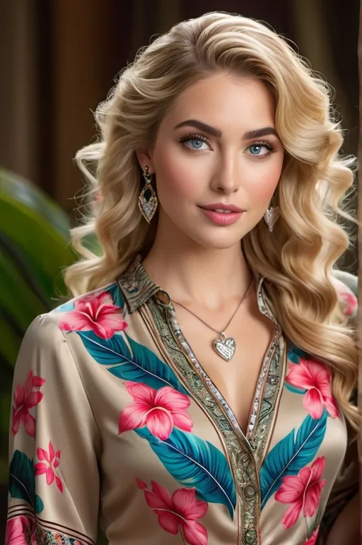 Prompt: Beautiful amused woman, flawless olive-skin, intricately detailed heart face, (almond-shaped blue eyes, arched eyebrows), petite upturned nose, prominent cheekbones, long pink-blonde hair in ringlets, reddish-brown makeup, (tropical print silk blouse, silver jewelry, khaki skirt), (curvaceous bosomy figure), detailed fabric texture, high-res, pro lighting, professional portrait photo, angled pose with head tilted back, highly detailed, high quality, 4K 