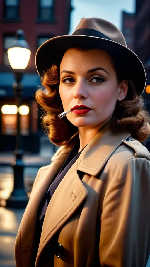Prompt: 8K Photo of a 1940s Female Detective, chestnut hair, delicate facial features, curvaceous figure, standing under a New York streetlamp, ((smoking a cigarette)), fedora, trench-coat, film noir, dark colors, cool tones, detailed hair, realistic, ultra-detailed, atmospheric lighting, best quality, high-res, professional