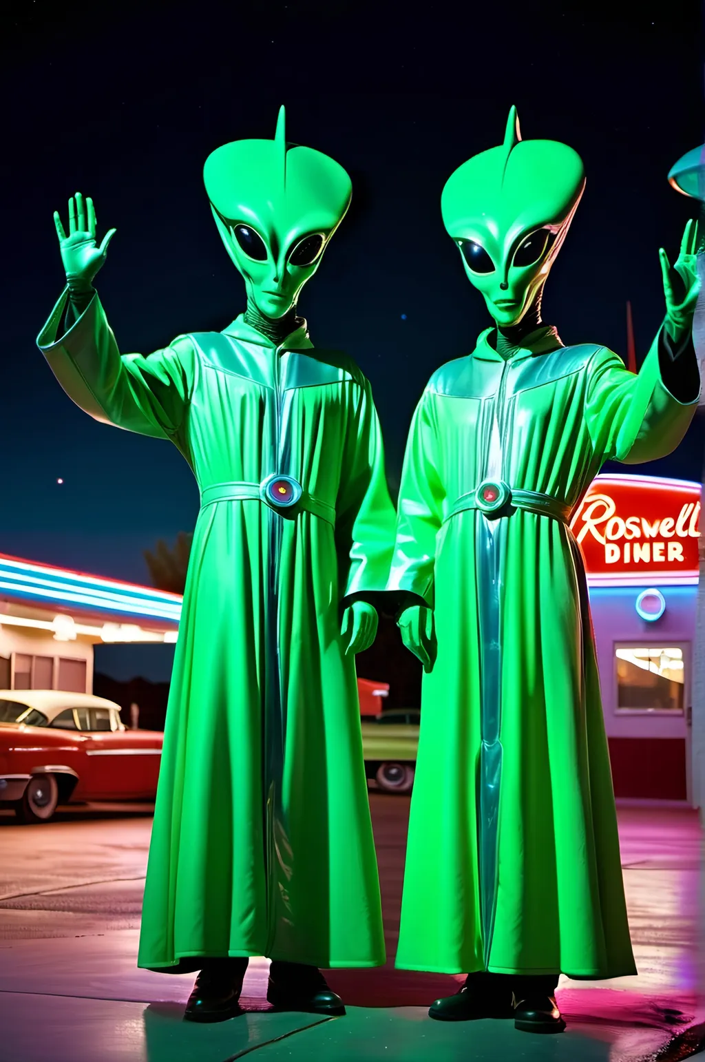 Prompt: Two unnaturally tall green space aliens in long robes, ((waving at the camera)), posing for a photo, Roswell Diner parking lot, night scene, high-res photo, detailed alien costumes, (("Roswell Diner" neon sign)), 1950s setting, mysterious atmosphere, alien portraits, sci-fi, extraterrestrial, night lights, vintage diner, alien encounter, cinematic lighting