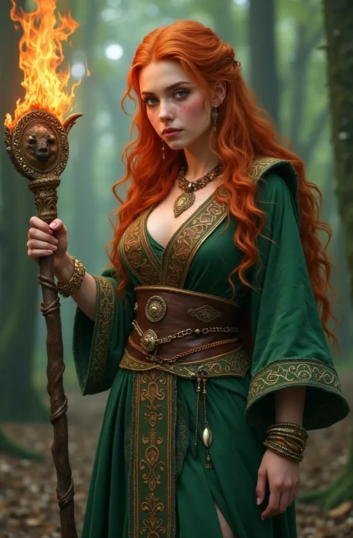 Prompt: (photorealistic) Beautiful Celtic Druid warrior princess, cinnamon hair, (green eyes) stunning face adorned with freckles, (intense gaze), wearing green robes layered with a leather vest, (brocade belt), adorned with a (gold amulet) and magical bracelets, (jeweled dagger on her belt), curvy figure, natural pale skin tone, wielding a knurled staff featuring a flaming runic headpiece, surrounded by a mystical forest backdrop, (high detail), (ultra HD), (8K) resolution, capturing the enchanting aura and strength of the character.