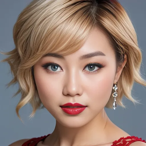 Prompt: High-resolution advertisement-style Head & Shoulders shot of a stunning young Japanese woman, 8K, detailed short blonde hair, captivating ice blue eyes with upturned almond shape, petite nose, pronounced cheekbones, heart-shaped face, subtle makeup, bright ruby red lips, elegant white low-cut minidress, bosomy physique, intricate detail, advertising style, professional lighting, high quality, detailed eyes, professional, stylish