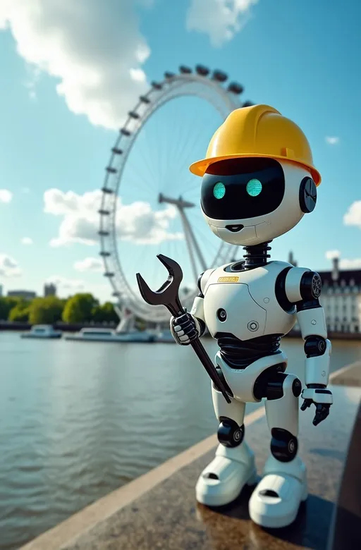 Prompt: (photorealistic) tilt shift photo of a giant white & yellow robot wearing a hard hat and holding a huge wrench, standing next to the London Eye on the Thames River, vibrant blue sky, bright sunny day, intricate details of iconic structures, shimmering water reflections, lush greenery in the background, dynamic perspective, capturing the essence of London, (8K), ultra-detailed, professional photography techniques, inviting and clear atmosphere, perfect for showcasing the heart of England.