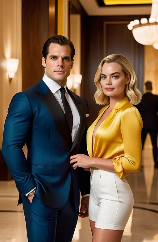 Prompt: photorealistic 8K cinematic image, (Henry Cavill) wearing a fashionable dark suit, standing in an elegant hotel lobby with (Margot Robbie) wearing a (yellow silk blouse), white twill shorts, white sandals, brightly lit, (ultra-detailed) interior with plush furnishings, vibrant atmosphere, high-quality textures and clarity, luxury ultra-chic James Bond style.