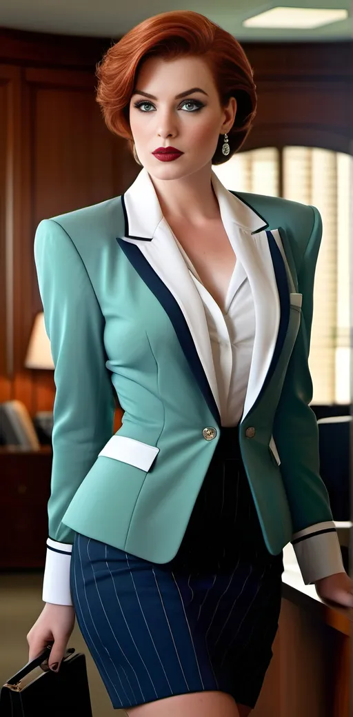 Prompt: ((Curvaceous:2.0 Woman)) with pale skin short auburn hair and green eyes, powder blue blazer, white blouse, pinstriped navy skirt, black heels, detailed diamond face, hourglass figure, Patrick Nagel style, high-res, digital painting, detailed eyes, professional, 8K digital render, atmospheric lighting, fashionable, 80s retro, vibrant colors, business office background