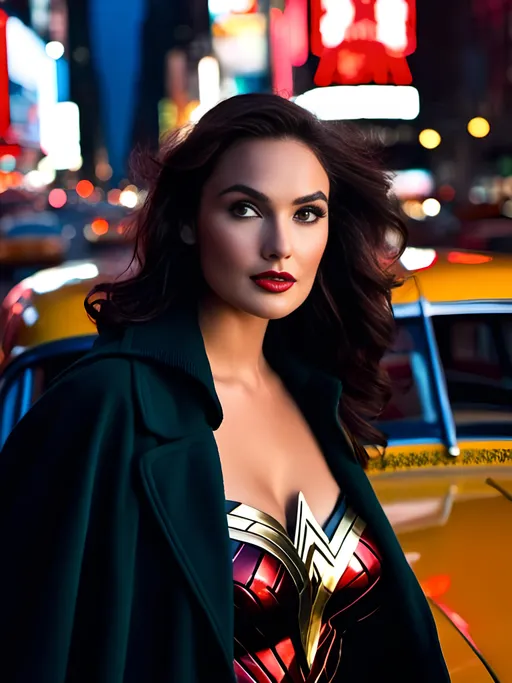 Prompt: <mymodel>8K photo, ((overweight Wonder Woman.5))|young Lynda Carter|Gal Gadot, ((windblown red cape)), long flowing auburn hair, pale skin, hourglass bosomy, perfect face, standing in 1930s Times Square New York, vintage, historic taxi cabs, night scape, highly detailed, neon light.