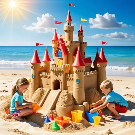 Prompt: Sunny beach scene of two children building a huge sandcastle, reminiscent of the Walt Disney World castle, kids in tees & shorts, using plastic toy tools, high-res, realistic, Disney-style, sunny beach, detailed sandcastle, happy kids, vibrant colors, plastic toy tools, fun activity, professional photo quality, clear and detailed, beach scene, nostalgic, bright and warm lighting