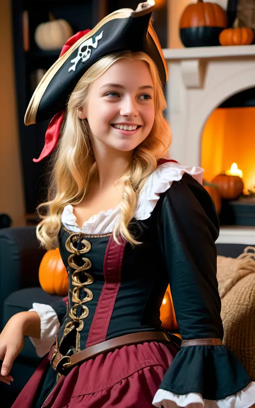 Prompt: Profile view of a tall blonde teenage girl in a pirate wench halloween costume, cozy living room, 8k photo, happy smiling, cute pose, detailed costume, warm and cozy lighting, professional, high quality, detailed facial expression, blonde hair, crisp and vibrant, cute, happy, cozy atmosphere, detailed room decor, realistic, playful, high resolution, adorable, colorful, cheerful