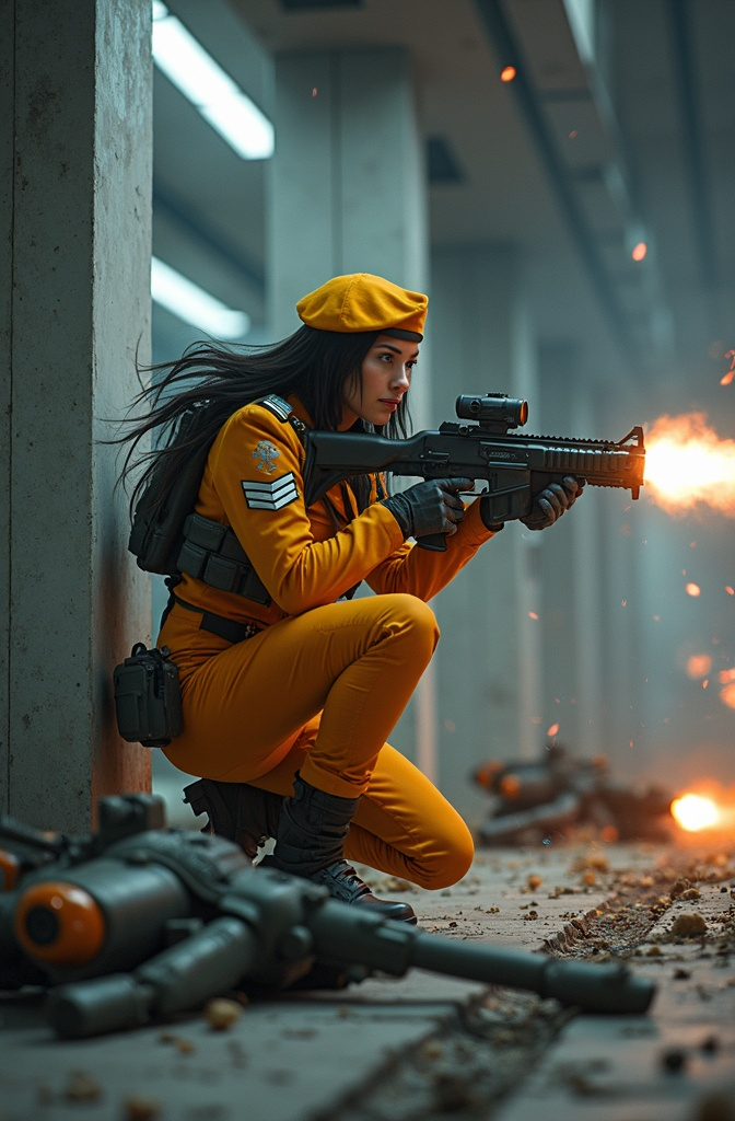 Prompt: 8K photo, cinematic, sci-fi, military, beautiful female officer, age 35, flowing dark hair, blue eyes, orange yellow gray uniform, Yellow beret, (silver chevrons rank insignia on her sleeves), leading a squad of soldiers & firing her plasma rifle (emitting a pulse of red energy), crouches behind a concrete pylon in a shattered corridor, smoke, debris, flames, broken ceiling lights, disabled robot soldiers lie smoking on the ground, high detail, fill light.