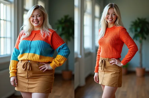 Prompt: (8K photorealistic) side-by-side comparison, left: (beautiful silver-blonde haired young fashion model) overweight, chubby round face, happy smile, wearing a (snug colorful sweater & suede miniskirt), bright lighting highlighting her features, right: (same woman) with ((identical hair clothing & pose)) now slender, fit, healthy after significant weight loss, capturing extreme difference in body weight, vibrant and well-lit environment, ultra-detailed, HD quality, captivating visual contrast showcasing transformation, "Before" text in left panel and "After" text in right panel.