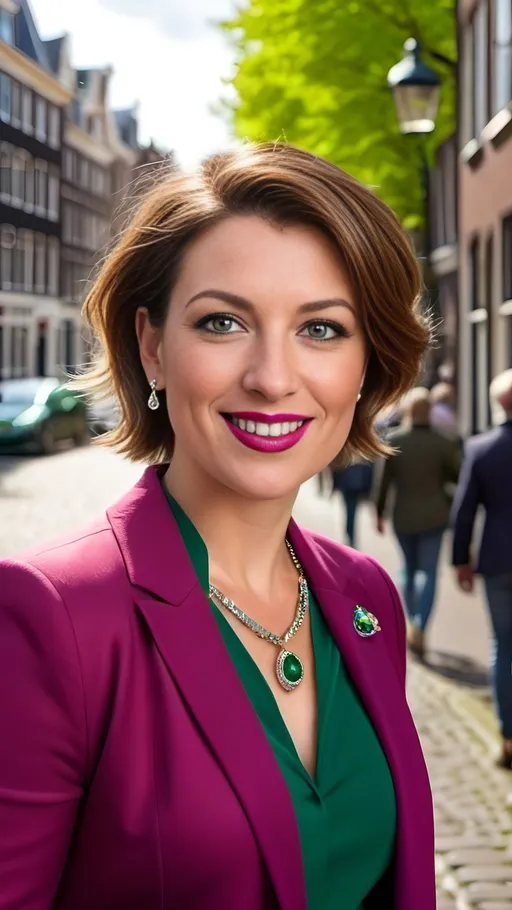 Prompt: Beautiful woman (35 years old, short chestnut hair, green eyes, intricate diamond face), warm smile, rosy cheeks, upturned nose, green eyeshadow, magenta lipstick, jeweled pendant, green blazer with rolled up sleeves, white camisole, blue pencil skirt, high heels, standing on an Amsterdam street, bustling scene, 8k photo, realistic, warm lighting, detailed features, well-fed, buxom, curvaceous figure