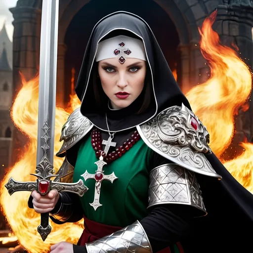 Prompt: Warrior nun with square face, dark hair, pale skin, diamond-encrusted silver cross necklace, wielding gleaming Damascus Steel Sword with ruby and emerald gemstones, intense battle scene with evil demon warriors and flames, 8k photo, good versus evil, detailed facial features, dramatic lighting, intense action, high-res, battle, diamond encrusted, silver, square face, pale skin, dark hair, detailed sword, ruby and emerald gemstones, demon warriors, flames, dramatic