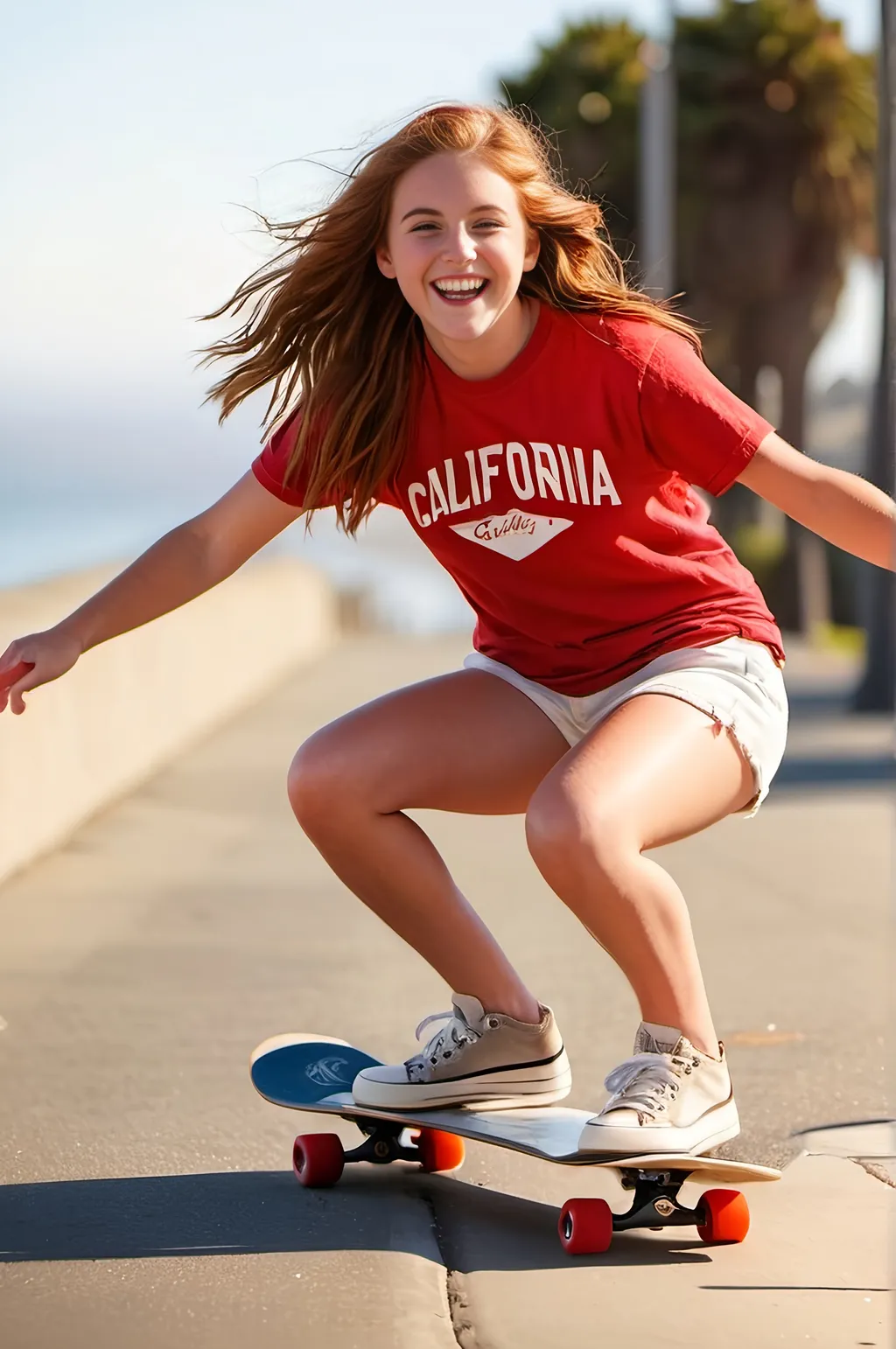 Prompt: Photo of a cute girl, age 18, long windswept auburn hair, detailed round face, wearing a red tee shirt with "California" graphic, white denim shorts, red sneakers, crouching on a white skateboard with red wheels, arms outstretched, on a california coastal sidewalk, golden hour lighting, sunset scene, dynamic motion, fluid movement, active pose, happy smile, high-res, natural light, professional photography