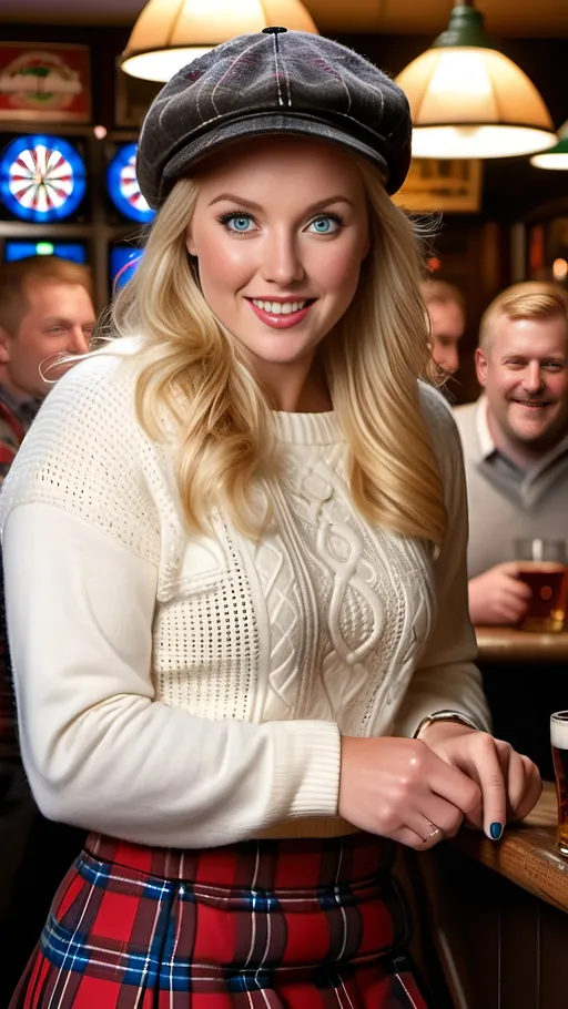 Prompt: Beautiful blonde woman, blue eyes, intricate square face, white sweater, , red plaid tartan skirt, black boots, plaid newsboy cap, playing darts in a crowded English pub, 8k photo, realistic, detailed, intricate facial features, cozy pub setting, high-resolution, detailed texture, realistic lighting, darts game, cheering crowd