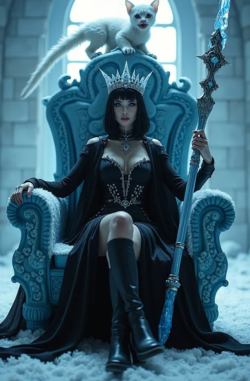 Prompt: Cinematic photo of Mab, Queen of Winter & Darkness, (high detail, 8k), sitting in an ornate ice throne room, striking (dark blue eyes), beautiful rectangle face, (pale white skin), short black hair with blue highlights, (curvy figure, long legs), stunning outfit: black leather dress, black fashion boots, adorned with obsidian jewels, dramatic dark makeup, wearing a crown of blue ice crystals, holding a long icicle scepter with silver lacework, (fierce white Ice Dragon cub perched atop her throne baring its fangs), (bright light) illuminating the scene, (ultra-quality, photorealistic) style, evoking a powerful and captivating atmosphere in a frost-covered realm.