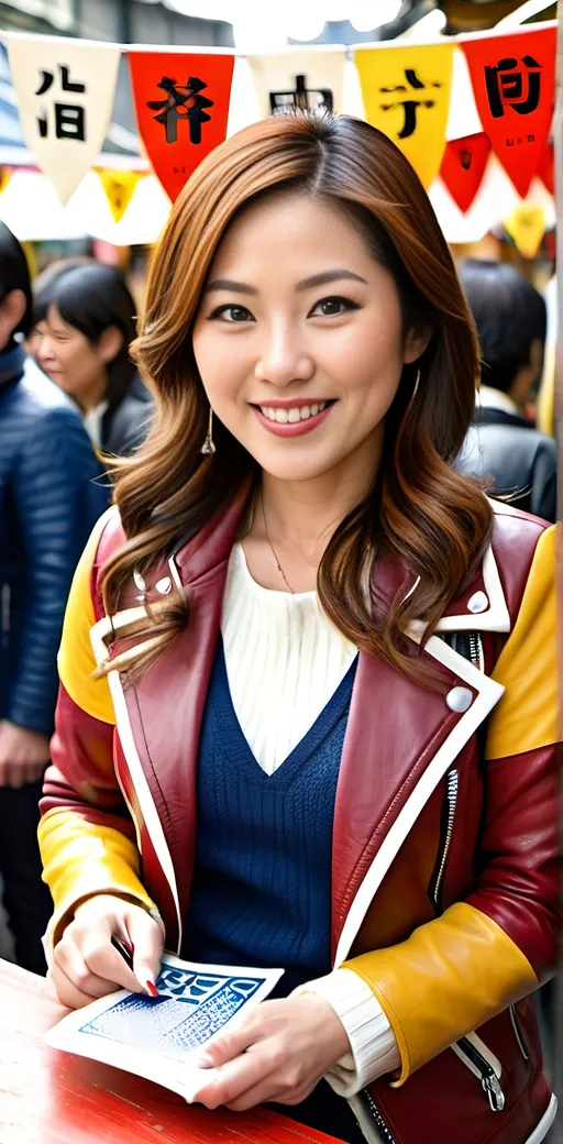 Prompt: Attractive curvaceous Japanese woman (age 35), long wavy chestnut hair, wearing a red yellow & black geometric leather jacket, white knit top, navy denim pencil skirt, sneakers, shopping at a crowded Tokyo flea market, daylight, high-res, photo, colorful banners & signs, tables with crafts on sale, vibrant colors, detailed facial features, realistic style, natural lighting, perfect hands