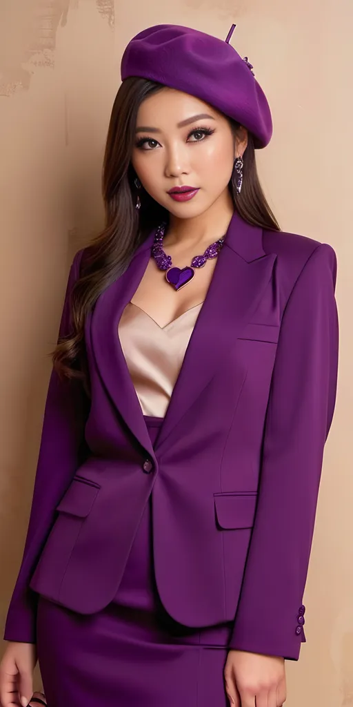 Prompt: Beautiful purple-eyed:2.0 Japanese woman age 21, purple makeup & lipstick, intricate heart-shaped face, purple jewelry, Purple blouse purple blazer & purple pencil skirt, purple pumps, purple beret, standing in front of a beige wall, high detail, 8K photo.