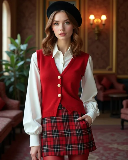 Prompt: Photorealistic image of a beautiful young woman with chic wavy shoulder-length chestnut hair and striking green eyes, wearing a stylish white blouse layered under a vibrant red knit vest. She pairs this with a classic red and black tartan skirt, alluring red tights, and elegant black pumps. A sophisticated black Basque beret completes her look, as she stands gracefully in an opulent Belle Époque lounge, richly decorated, rich patterns, luxurious ambiance, 8K resolution, ultra-detailed.