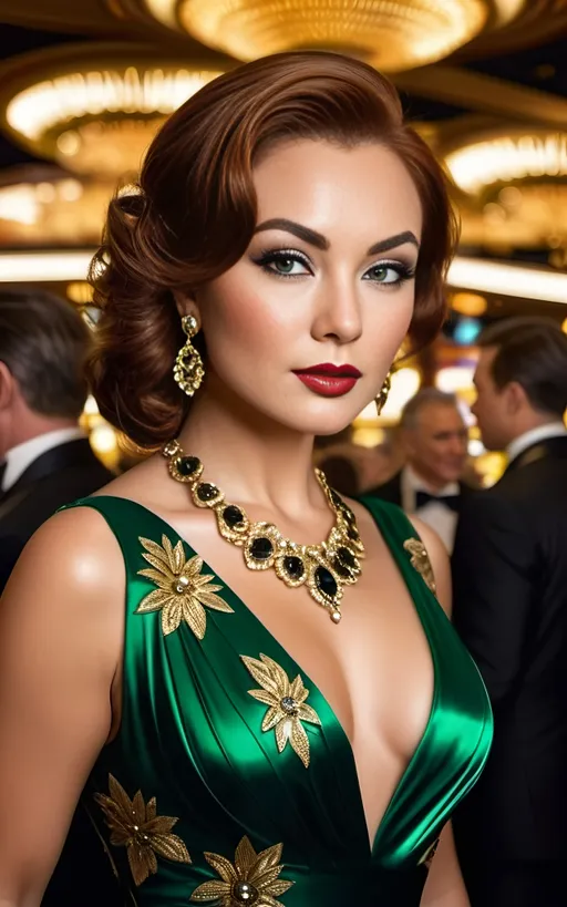 Prompt: Beautiful Eurasian woman, auburn hair, green eyes, intricately detailed diamond face, gold silk cocktail dress, black heels, gold jewelry, standing in an elegant and crowded casino, James Bond style, 8k photo, high detail, vintage, glamorous, elaborate lighting, opulent setting, sophisticated, classic, detailed facial features, luxurious atmosphere, elegant fashion, vintage style, high society, crowded, bustling