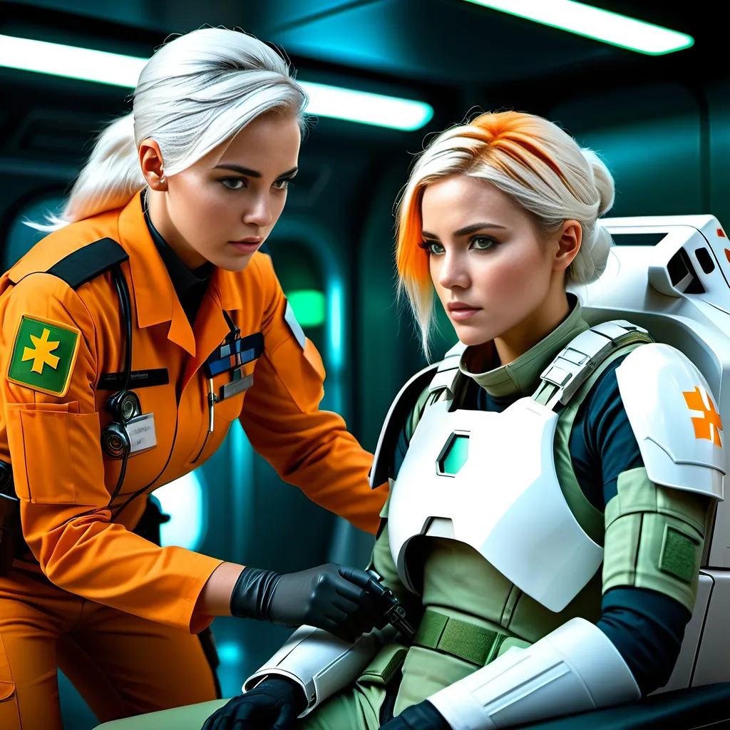Prompt: Photorealistic image of a beautiful, 25-year-old combat medic with white hair and green eyes treating a wounded & bleeding space trooper in an orange and yellow uniform, 8k photo, futuristic, sci-fi, military, cinematic, intricate facial features, detailed medical equipment, realistic textures, lifelike expressions, professional lighting, high quality, photorealism, intense atmosphere, detailed eyes, cinematic composition, futuristic technology, atmospheric lighting, realistic skin tones, intricate details