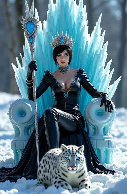 Prompt: Cinematic photo of Mab, Queen of Winter & Darkness, (high detail, 8k), sitting on an ornate ice throne, striking (dark blue eyes), beautiful rectangle face, (pale white skin), short black hair with blue highlights, (curvy figure, long legs), stunning outfit: black leather dress, black fashion boots, adorned with obsidian jewels, dramatic dark makeup, wearing a crown of blue ice crystals, holding a long icicle scepter with silver lace, fierce white snow leopard at her feet, (bright light) illuminating the scene, (ultra-quality, photorealistic) style, evoking a powerful and captivating atmosphere in a frost-covered realm.