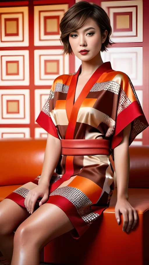 Prompt: Beautiful elegant, tall Japanese fashion model, short brown hair, hazel eyes, short sleeveless red & orange geometric print kimono dress, red boots, bosomy, curvy, ads-fashion editorial, high fashion, elegant, professional, glamorous, Japanese style, sleek design, detailed features, 8K photo, vibrant colors, luxury lighting