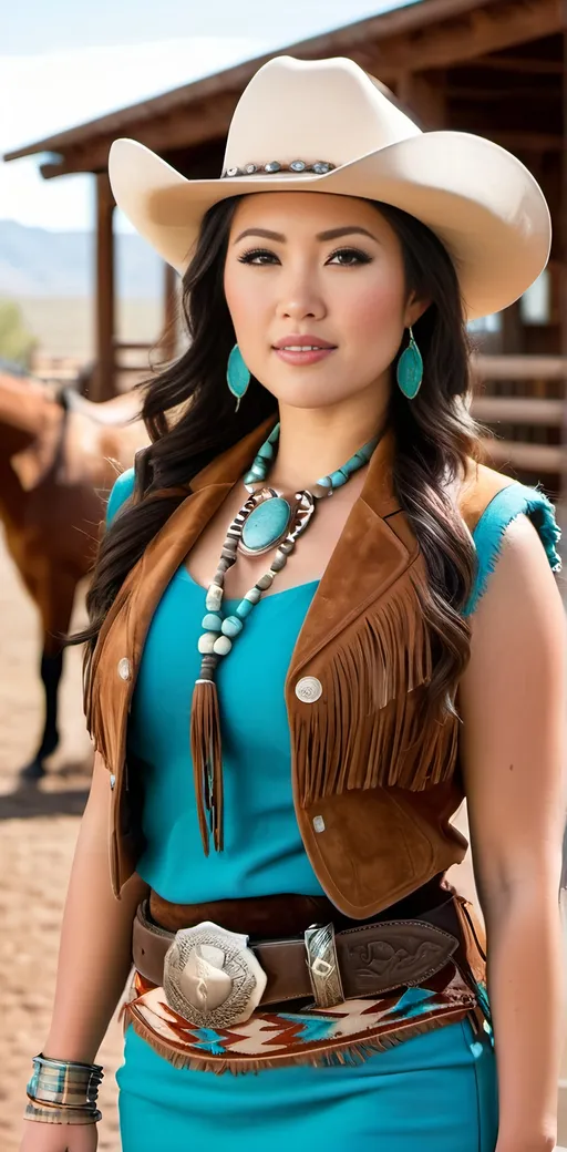 Prompt: Elegant beautiful curvy Japanese woman in southwestern attire, detailed face, turquoise jewelry, horse corral, high-res photo, detailed clothing, warm tones, professional lighting, American southwestern setting, intricate diamond face, fringe details, Stetson hat, suede boots, suede pencil skirt, checked shirt, suede vest, turquoise belt buckle, horse corral scene, professional photography, natural daylight