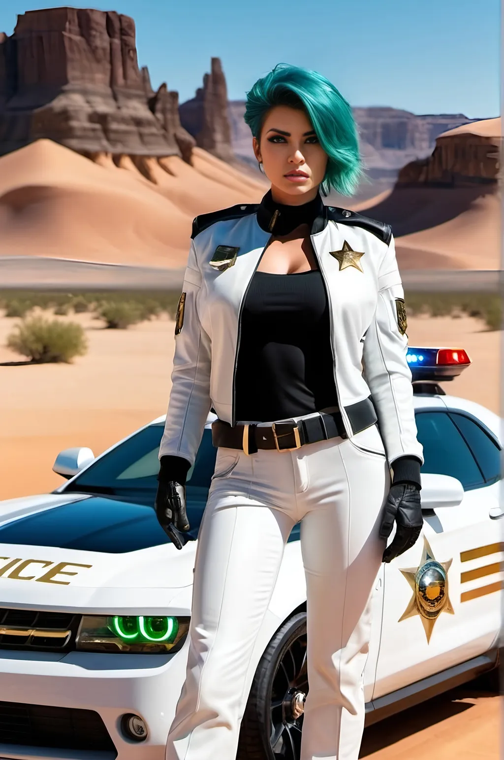 Prompt: Futuristic female sheriff with olive skin, square face, green eyes, auburn-blue hair, wearing a black shirt, white leather bomber jacket with gold badge, black slacks and boots, black officer's hat, standing in front of a black and white police hover-car, desert landscape, holstered laser pistol, grim expression, daylight, sunny, high-res, pro photo, dramatic pose, cinematic style, sci-fi, high quality, high detail, futuristic law enforcement theme