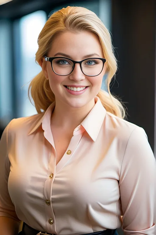 Prompt: Beautiful blonde woman, slightly paunchy and plump, softly dimpled round face, striking blue eyes, long pink-blonde hair in an updo ponytail style, oval gold frame glasses, curvaceous figure, apricot blouse, black belt, snug khaki pencil skirt, prominent curvy bottom, long shapely legs, black fashion boots, standing in a professional office environment, subtle smile, bokeh background emphasizing the sharply focused subject in foreground, warm bright light capturing her full curvy figure and pleasant attitude, highly detailed features, high quality professional photo.