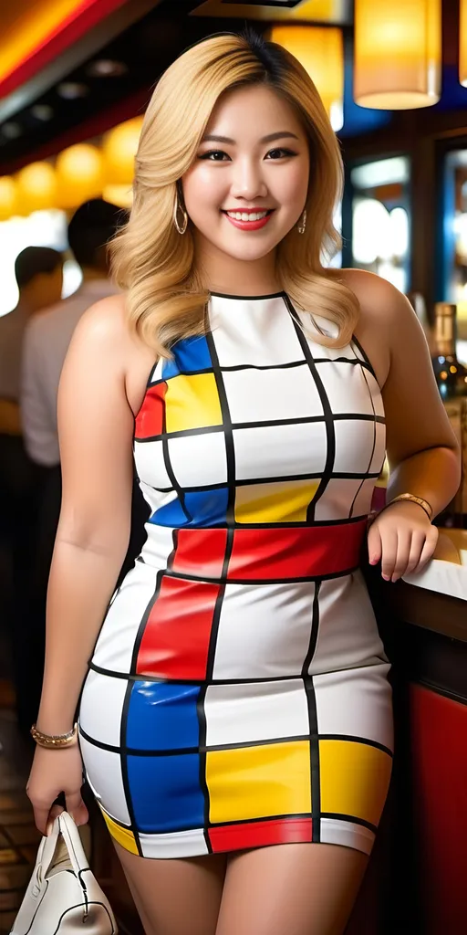 Prompt: Beautiful elegant blonde rubenesque, bottom-heavy, Japanese woman, age 25, intricately detailed chubby round face, Mondrian print minidress, white sneakers, smiling, busy crowded bar, 8K, high detail, elegant, vibrant colors, modern art, urban setting, detailed facial features, fashionable outfit, cheerful atmosphere, professional lighting