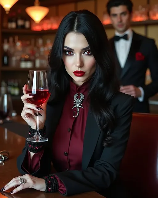 Prompt: A (strikingly beautiful *vampire* woman), jet black hair, (vibrant red eyes), (prominent white fangs), sitting at a luxe lounge bar, (chalk white skin), (exotic features), (long black talon-like finger nails), wearing a (high collar maroon blouse) and (black blazer), elegantly holding a glass of (blood red wine), adorned with a (jeweled scorpion brooch), black bracelets with ruby gems, featuring a tuxedo clad bartender in the background, capturing rich ambiance with an air of danger & tension, (high detail), (soft light), (photorealistic), 8k resolution, sophisticated gothic atmosphere, pro cinematic photo quality, luxurious setting.