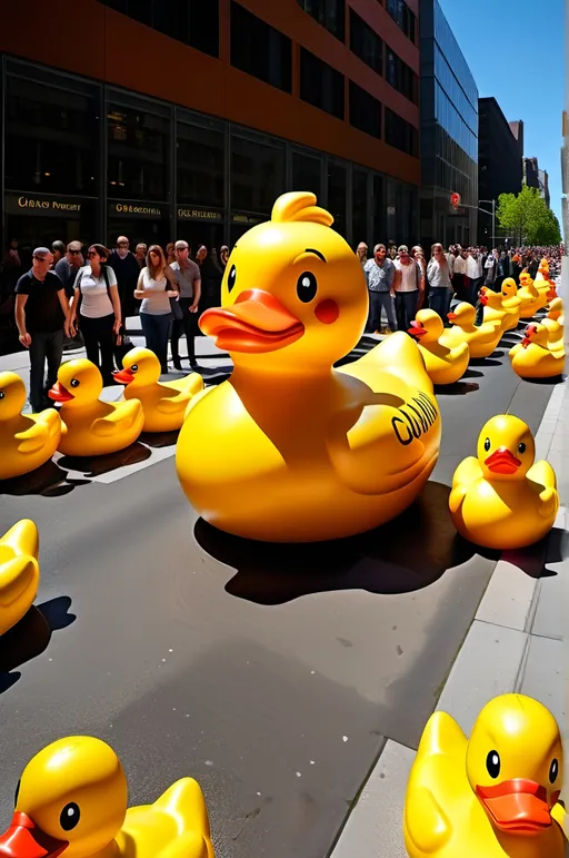 Prompt: Group of curious people, Claes Oldenburg style giant rubber ducky, city street, urban setting, realistic digital rendering, bright and vibrant colors, detailed expression, sunny daylight, high quality, realistic, urban, giant ducky, curious crowd, vibrant colors, photographic  rendering, detailed, urban street, sunshine