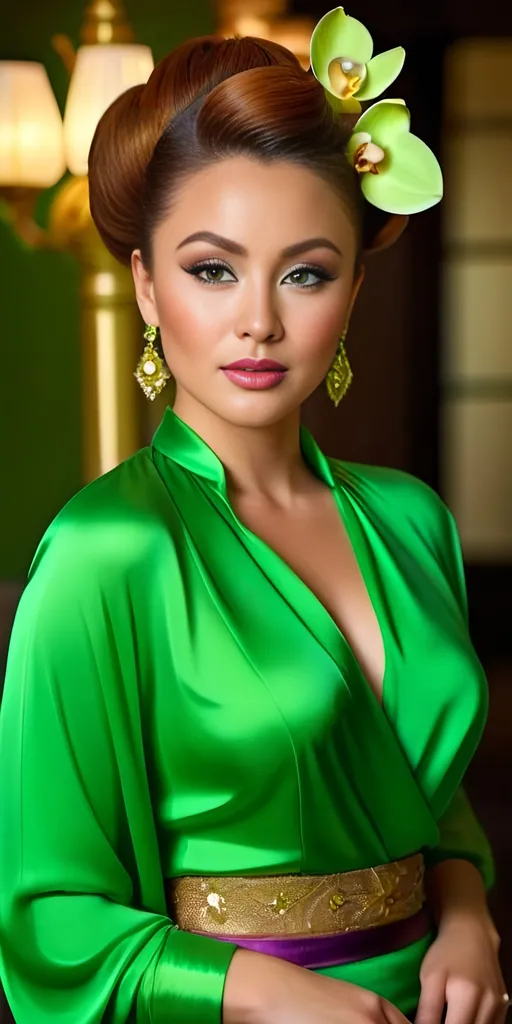 Prompt: Eurasian woman, auburn-chestnut updo hair, hair adorned with an orchid, in vibrant green silk blouse and skirt, vivid green upturned almond shaped eyes, golden-ratio face, elegant makeup, full bosomy figure, 8k photo, realistic, vibrant green color palette, professional lighting, detailed eyes, elegant, high quality, realistic, vibrant green, professional portrait photography