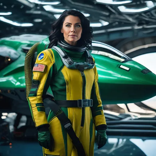 Prompt: female pilot stands in front of a futuristic space craft, wearing green yellow and black flight suit with silver boots, star patrol insignia on shoulders, pale skin, blue eyes, flowing black hair, perfect face, many ground crewmen working on space craft, sci-fi, cinematic, military, highly detailed backdrop, 8K photo, daylight