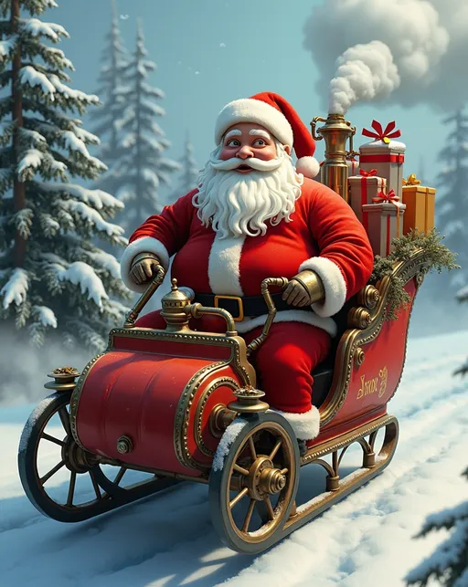 Prompt: (Corpulently obese Santa Claus) riding his brightly colored (steampunk sleigh), large boiler with clouds of steam rising, (brass accents), adorned in red and white, bursting with (wrapped Christmas packages), whimsical holiday atmosphere, cozy, humorous scene, playful and vibrant, postcard-style photo, enchanting details and decorations, vivid contrast, (8K resolution), (high-detail quality), capturing a joyful and festive spirit, enchanting winter landscape in the background.