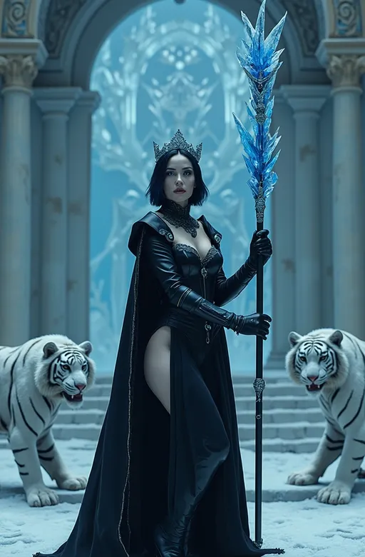 Prompt: Cinematic photo of Mab, Queen of Winter & Darkness, (high detail, 8k), standing in an ornate ice throne room, striking (dark blue eyes), beautiful rectangle face, (pale white skin), short black hair with blue highlights, (curvy figure, long legs), stunning outfit: black leather dress, black fashion boots, adorned with obsidian jewels, dramatic dark makeup, wearing a crown of blue ice crystals, holding a long icicle scepter with silver lacework, fierce white snow tiger at her feet, (bright light) illuminating the scene, (ultra-quality, photorealistic) style, evoking a powerful and captivating atmosphere in a frost-covered realm.