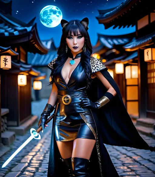 Prompt: Beautiful Japanese sorceress, glowing runic staff, cobblestone alley, black leopard pet, all black ensemble, leather duster, runic vest, miniskirt, gogo boots, black makeup, intricate face, high detail, nightscape, full moon, 8K photo, fantasy, sorcery, detailed eyes, mystical, sleek design, professional, atmospheric lighting