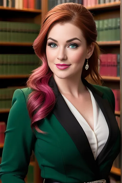 Prompt: Beautiful curvaceous prim librarian woman, long auburn-magenta hair in an updo ponytail, vibrant green eyes, flawless diamond face, arched eyebrows, upturned nose, pink makeup, subtle smile, black blazer, white blouse, black belt, black pencil skirt, black pumps, standing in a huge library, dynamic pose, black & white apparel, high-res, sharp focus, warm light, pro photo