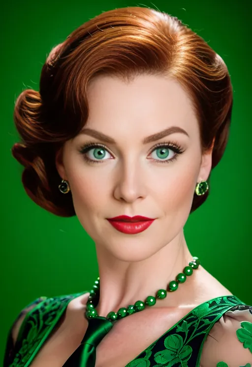 Prompt: Beautiful woman age 35, auburn hair, green eyes, pale skin, intricate heart shaped face, professional dress, green pumps, dark hosiery, Mad-Men style office, 60s retro, highly detailed, 8K photo, ads-advertising, retro, vintage, highly detailed, professional, elegant, intricate, colorful, vibrant, stylish, sophisticated, classic, detailed hair, detailed eyes, detailed clothing, detailed background, professional lighting