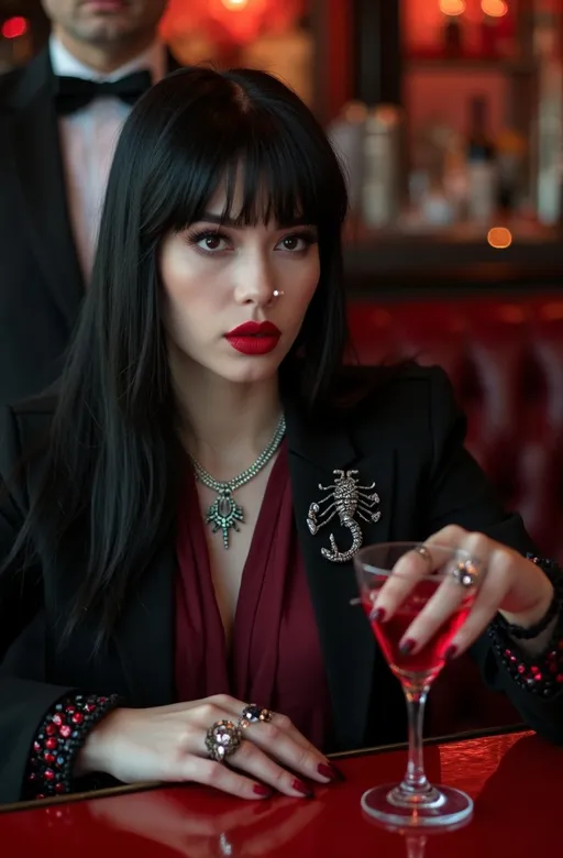 Prompt: A (strikingly beautiful *vampire* woman), jet black hair, (vibrant red eyes), (prominent white fangs), sitting at a luxe lounge bar, (chalk white skin), (exotic features), (long black talon-like finger nails), wearing a (maroon blouse) and (black blazer), adorned with a jeweled scorpion lapel pin, elegantly holding a glass of (blood red wine), black bracelets with ruby gems, featuring a tuxedo clad bartender in the background, capturing rich ambiance with an air of danger & tension, (high detail), (soft light), (photorealistic), 8k resolution, sophisticated gothic atmosphere, pro cinematic photo quality, luxurious setting.